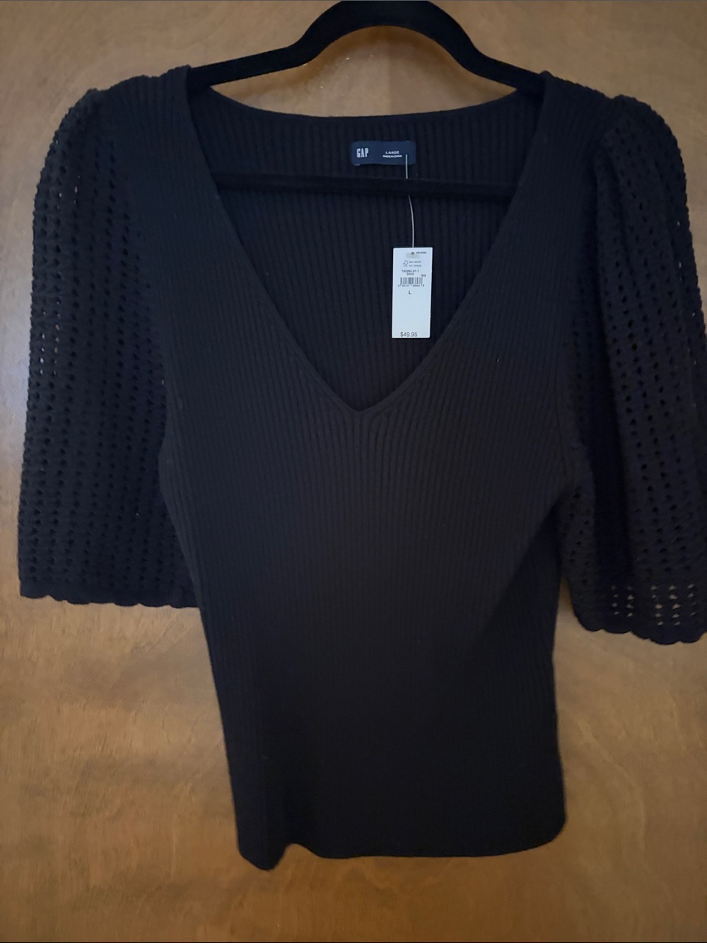 GAP Black V-Neck Ribbed Top with Crochet Puff Sleeves